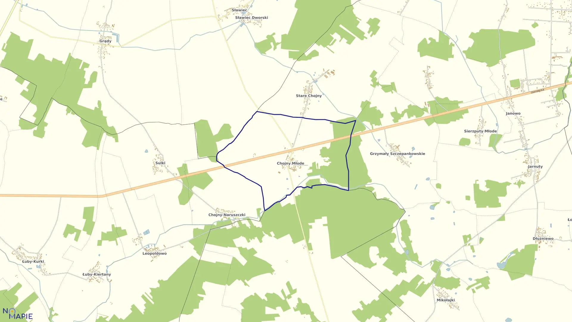 Mapa obrębu Chojny Młode w gminie Łomża