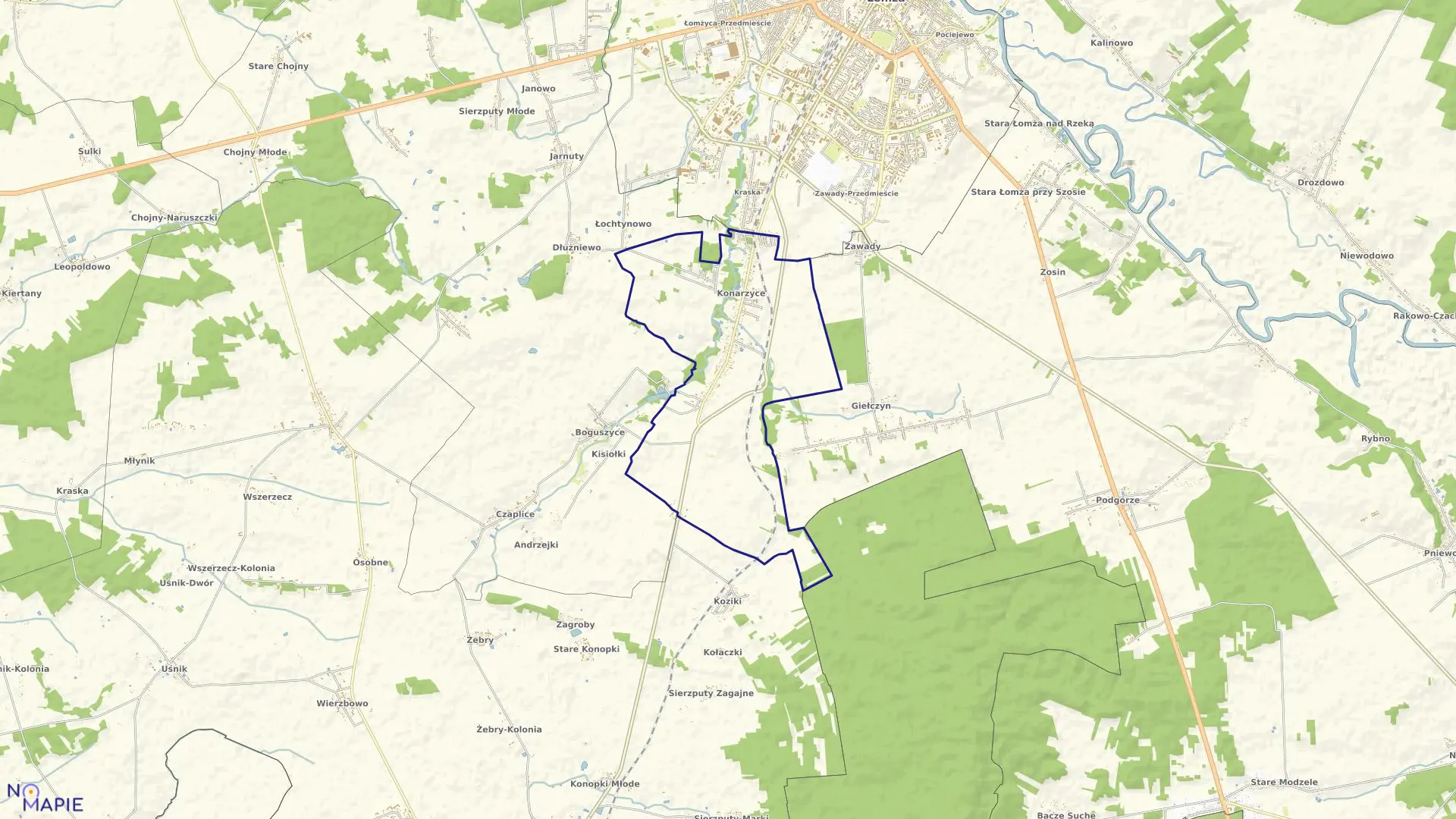 Mapa obrębu Konarzyce w gminie Łomża